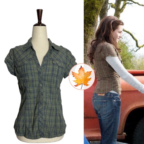 H&M Tops - H&M Divided • Short Sleeve Green Plaid Snap Burton Top 10 ASO Bella Swan Alt